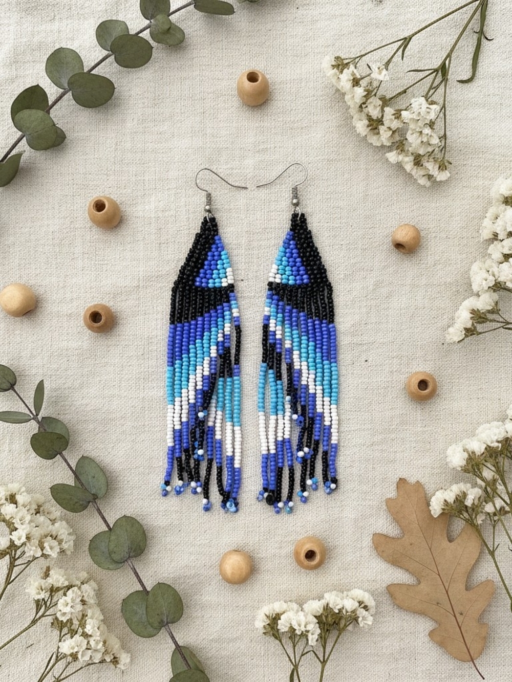 Long Blue & Black Beaded Fringe Earrings - Turquoise, Royal & White Accent